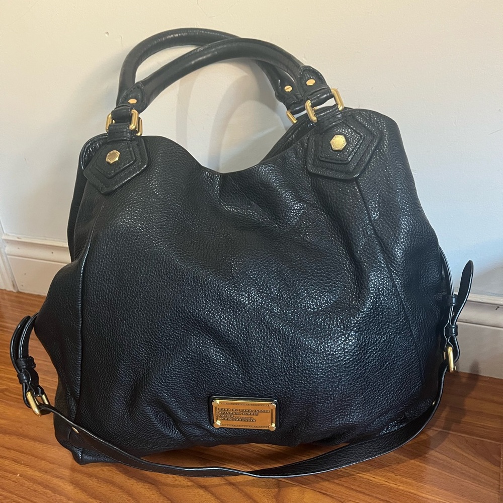 Marc Jacobs Black Leather Shoulder Bag with Gold Accents